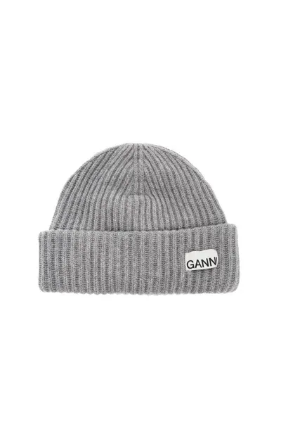 Ganni Beanie Hat With Logo Patch In Gold