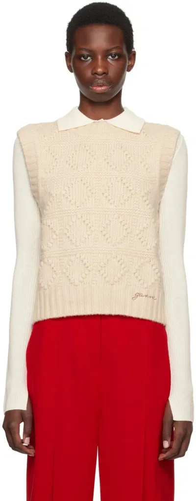 Ganni Beige Cable Knit Vest In 135 Egret