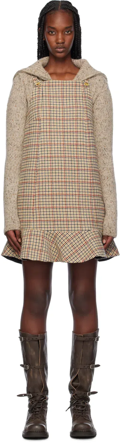 Ganni Beige Check Minidress In 177 Tiger's Eye