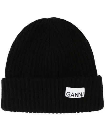 Ganni Black Fisherman Rib Beanie With Logo Patch In Wool Blend Woman In Nero