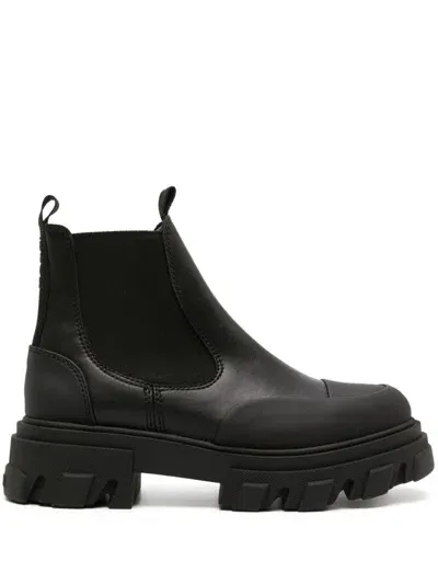 Ganni 50mm Low Leather Chelsea Combat Boots In Black