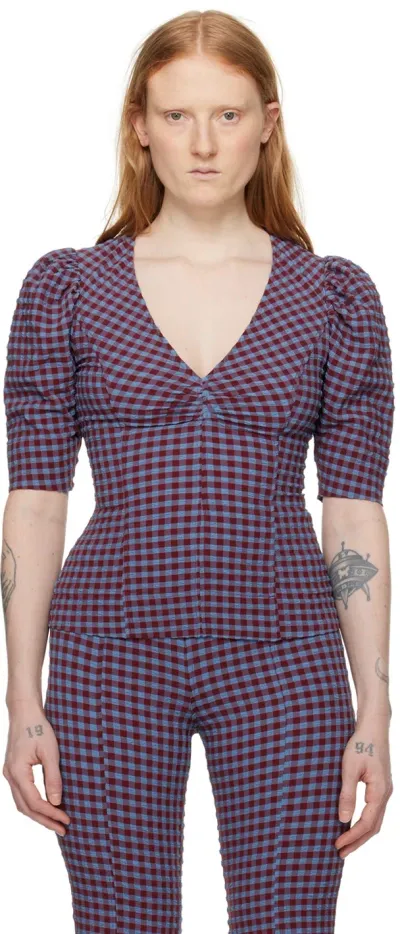 Ganni Check-pattern Seersucker Blouse In Red