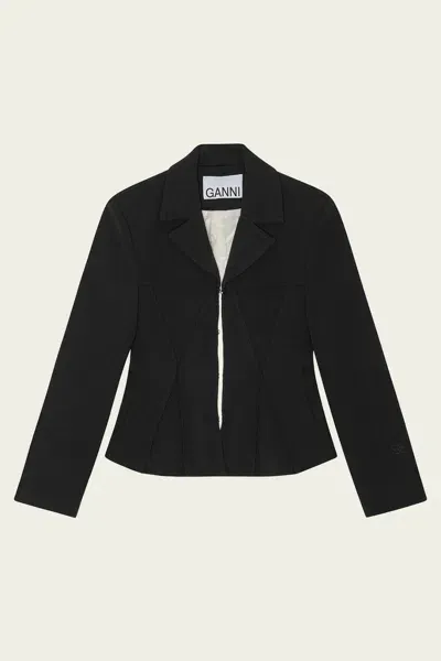 Ganni Bonded Crepe Fitted Blazer In Black