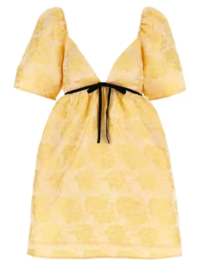 Ganni Floral Patterned Open Back Dress In Yellow