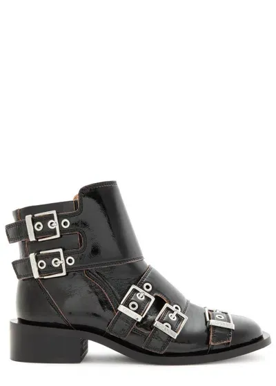 Ganni Buckle 40 Patent Leather Ankle Boots In Black