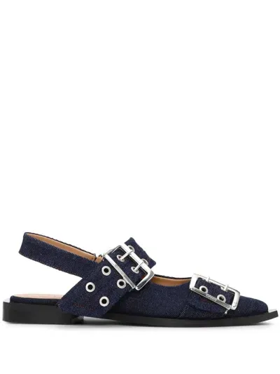 Ganni Buckle-detail Denim Ballerina Shoes In Blue