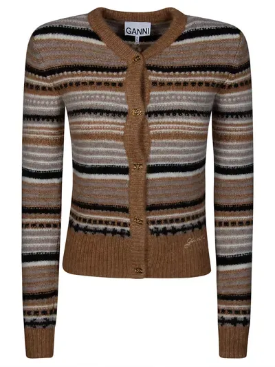 Ganni Cardigan A Righe Parlato In Brown