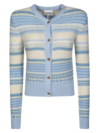 Ganni Cardigan In Lana A Righe In Light Blue