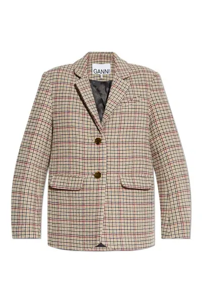 Ganni Check Pattern Blazer In Beige