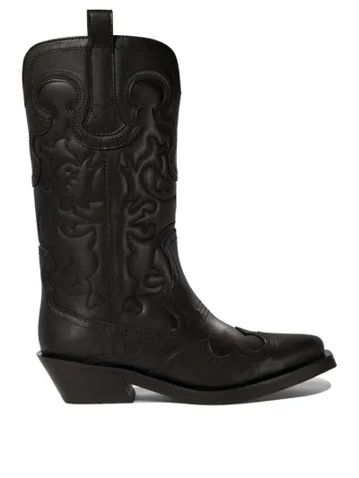 Ganni Chic Western-inspired Ankle Boots With Cuban Heel In Black