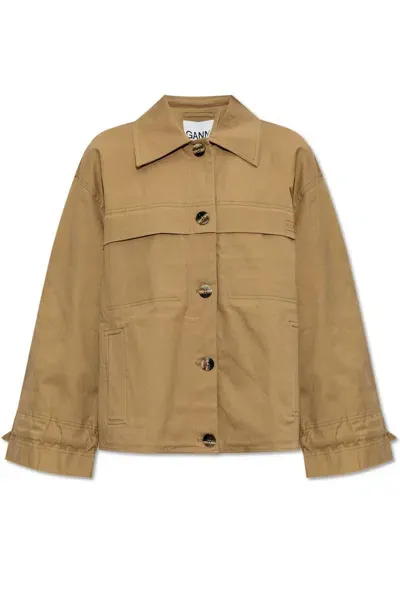 Ganni Cotton Jacket With Logo In Beige