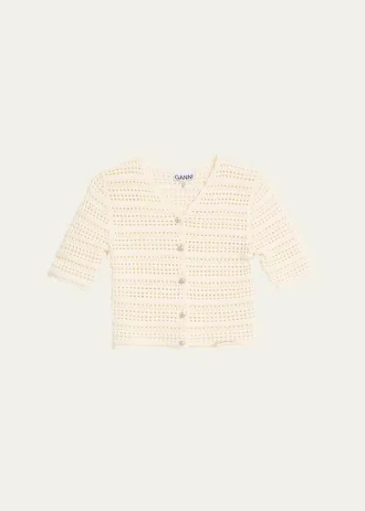 Ganni Cotton Pointelle Short-sleeve Cropped Cardigan In Egret