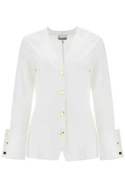 Ganni Cotton Poplin V-neck Shirt White