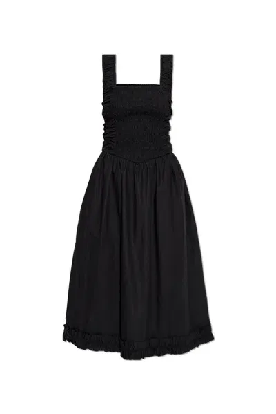 Ganni Smock Bodice Organic Cotton Poplin Sundress In Black