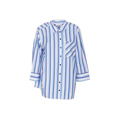 Ganni Cotton Striped Shirt In Blue