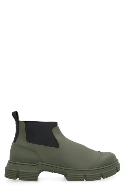 Ganni Logo Printed Ankle Boots In Green