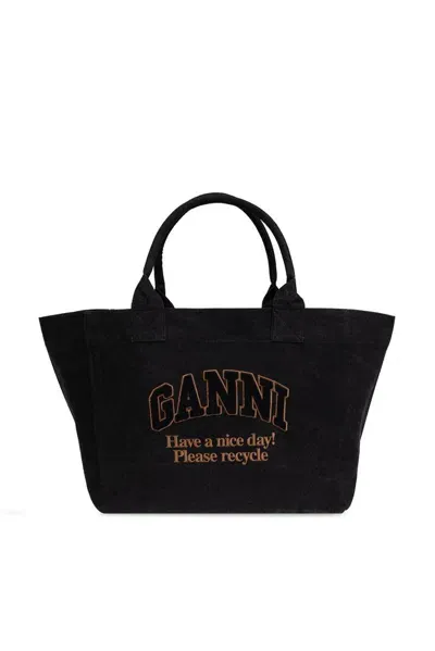 Ganni Denim Shopper Bag In Black