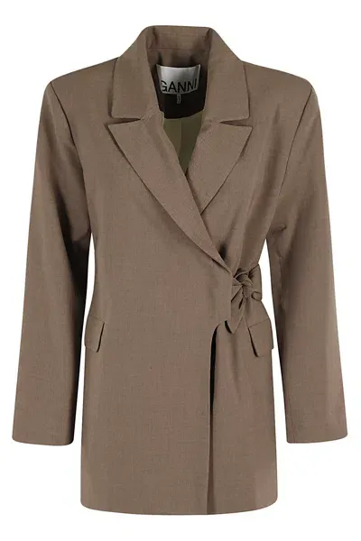 Ganni Drapey Melange Knot Belt Blazer In Shitake