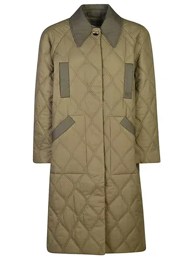 Ganni Quilted Midi Coat In Brown