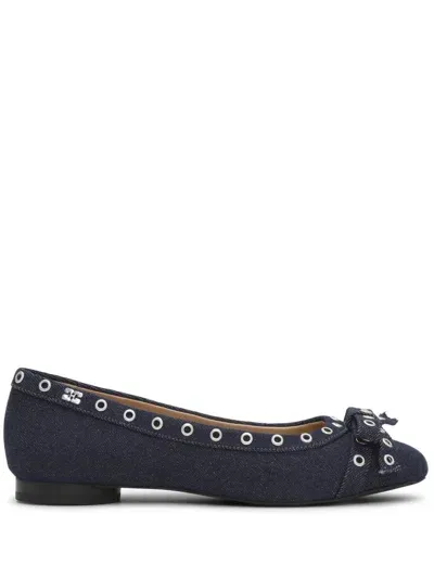 Ganni Eyelet Detailing Denim Ballerina Shoes In Navy