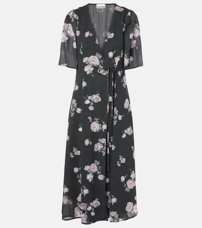 Ganni Floral Crêpe Wrap Dress In Black