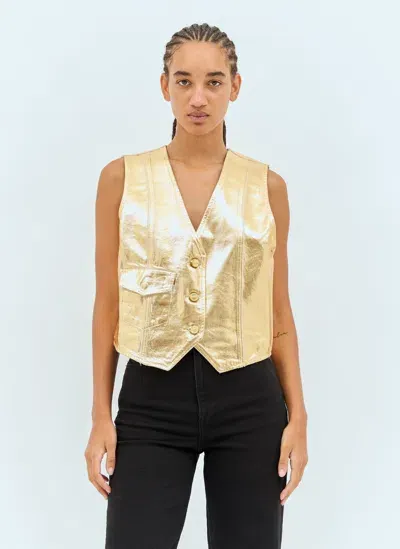 Ganni Foil Denim Vest In Gold