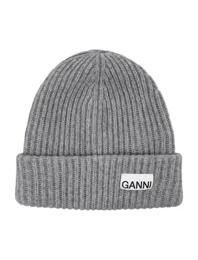 Ganni Logo Patch Oversized Beanie In Grey