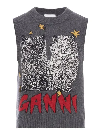 Ganni Grey Graphic Cats Vest