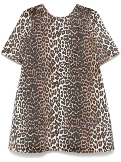 Ganni Leopard-print Denim Mini Dress In Neutrals