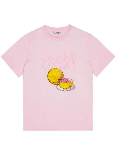 Ganni Logo Appliqué Graphic Print T-shirt In Chalk Pink