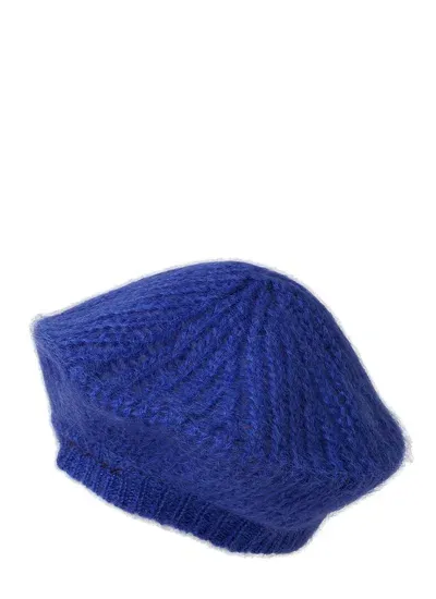 Ganni Logo Embroidered Knitted Beret In Blue