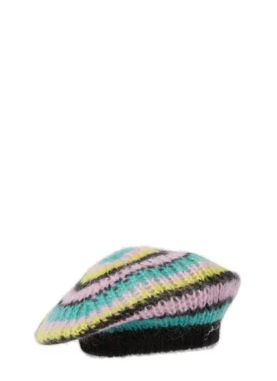 Ganni Logo Embroidered Striped Beret In Multi