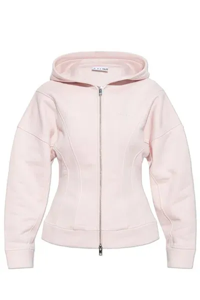 Ganni Logo Embroidered Zipped Fleece Hoodie In Pink