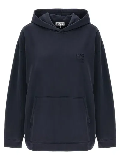 Ganni Logo Embroidery Hoodie Sweatshirt In Blue