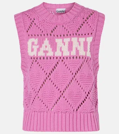 Ganni Logo Intarsia Cotton-blend Sweater Vest In Rose Violet