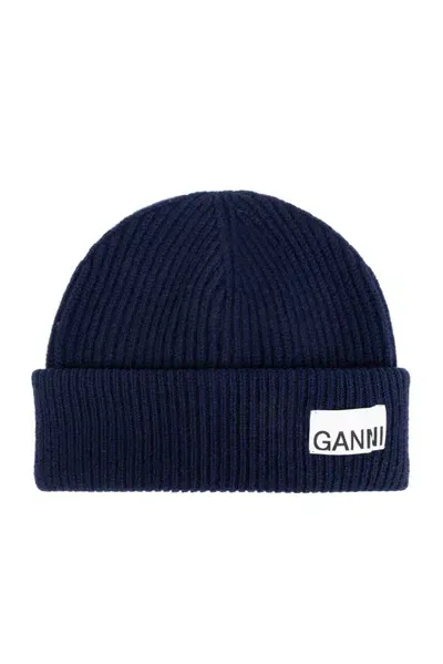 Ganni Logo Patch Rib Knitted Beanie In Blue