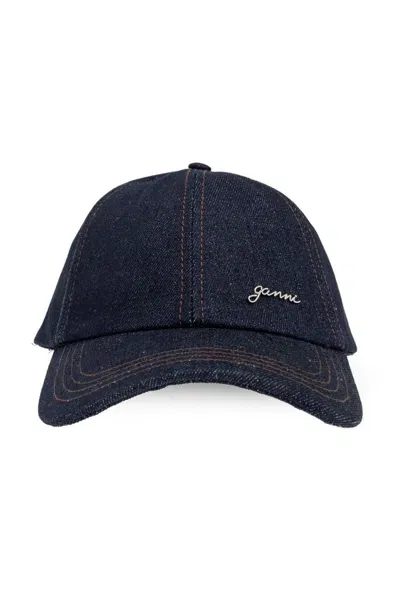 Ganni Logo Plaque Denim Baseball Cap In Navy