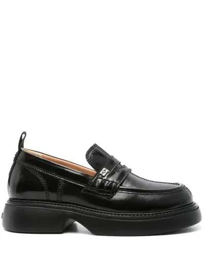 Ganni Logo-plaque Platform Loafers In 099 Black