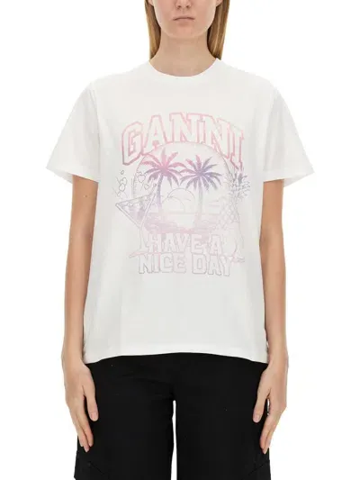 Ganni Logo Print T-shirt In White