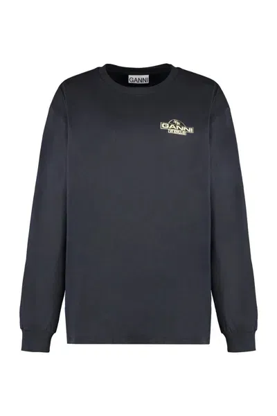 Ganni Long Sleeve Cotton T-shirt In Charcoal