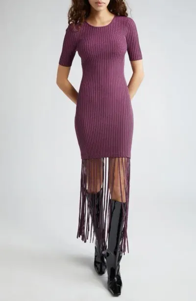 Ganni Melange Rib Fringe Detail Knit Dress In Purple