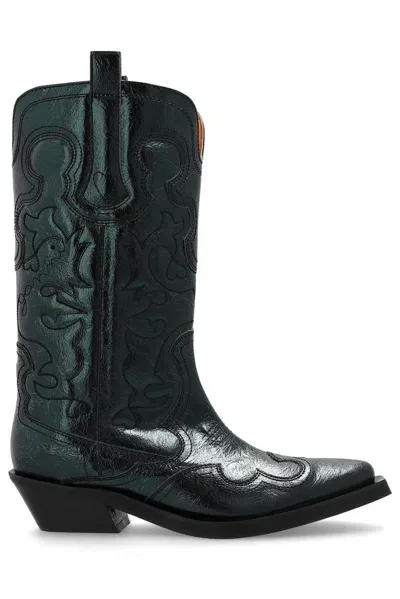 Ganni Topstitch-detail Cowboy Boots In Green