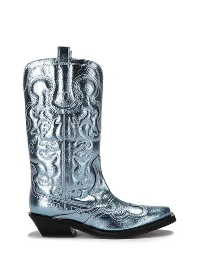 Ganni Mid Shaft Embroidered Western Boot Metallic In Blue