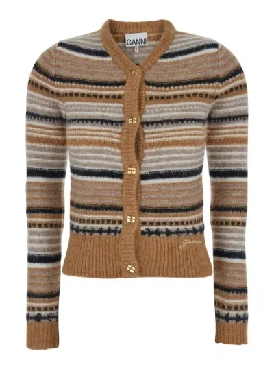 Ganni Multicolor Striped Cardigan With Logo Embroidery In Wool In Brown