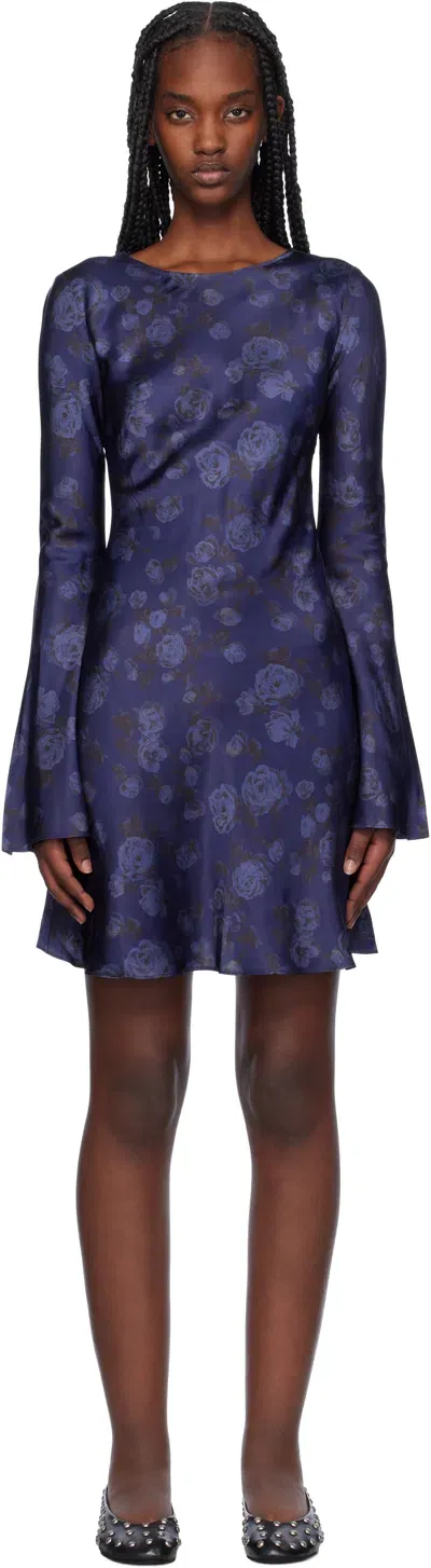 Ganni Navy Floral Printed Minidress In 268 Peacoat