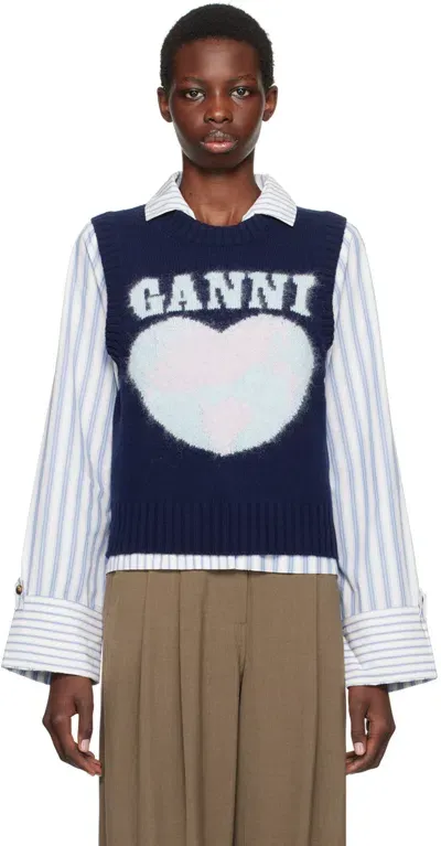 Ganni Navy Heart Vest In 683 Sky Captain