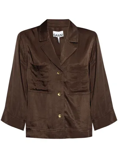 Ganni Notched-collar Half-sleeve Shirt In Brown