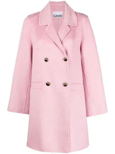 Ganni Notched-lapels Double-breasted Coat In Pink