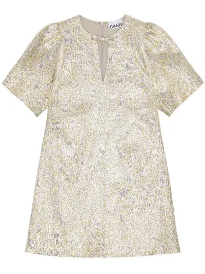 Ganni Patterned-jacquard Mini Dress In Goldsilver