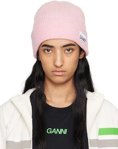 Ganni Pink Fitted Wool Rib Knit Beanie In 395 Lilac Sachet